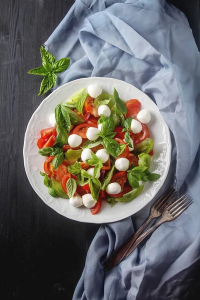 Piatto bianco con insalata estiva leggera di pomodoro, mozzarella, bas — Foto Stock
