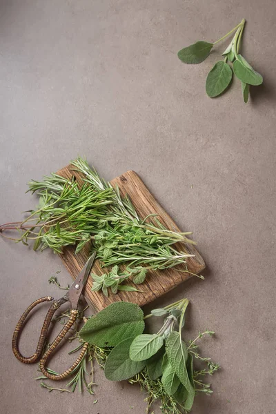 La mezcla de las hierbas frescas italianas del jardín sobre la mesa vieja. Rosemary —  Fotos de Stock