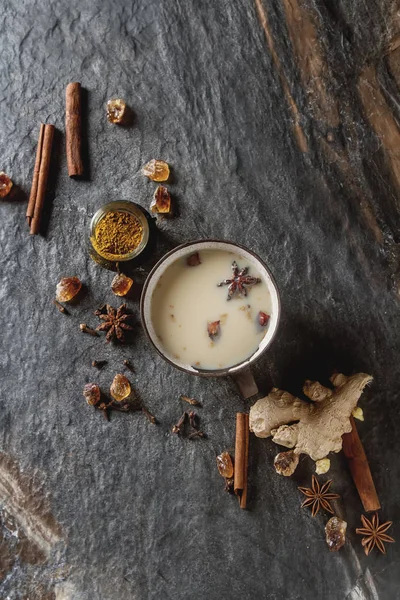 Традиционный индийский чай масала в керамической чашке со специями к молоку — стоковое фото