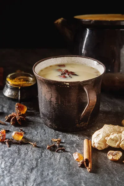 Традиционный индийский чай масала в керамической чашке со специями к молоку — стоковое фото