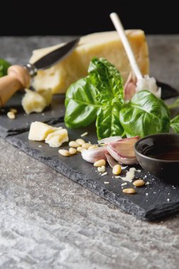 Bıçak taze yeşil fesleğen, zeytin yağı ile İtalyan parmesan peyniri,