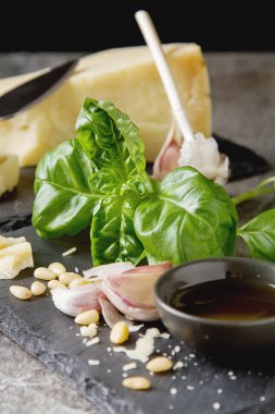 Bıçak taze yeşil fesleğen, zeytin yağı ile İtalyan parmesan peyniri,