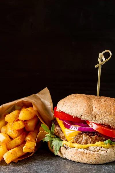 Fast food. Not a diet. Homemade vegetarian burger with rocket sa