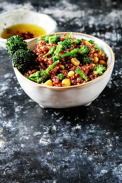 Quinoa salad with broccoli and corn. The concept of superfoods.