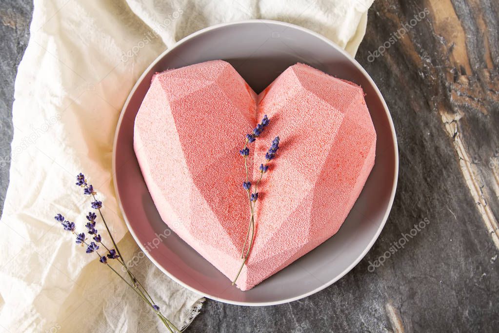 Cake in the form of a pink heart. St. Valentine's Day. Mousse ca