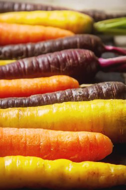  Olgun siyah, turuncu ve sarı havuç. Koyu taş arka plan. A