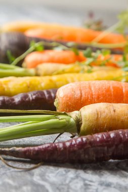 Olgun siyah, turuncu ve sarı havuç maydanoz ve kekik ile. Da