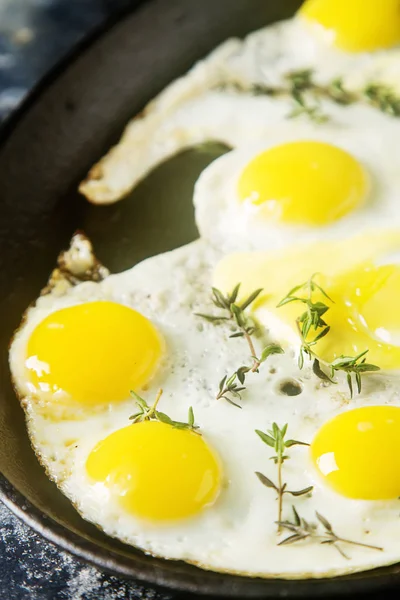 Huevos fritos de codorniz en una sartén con tomillo. Fondo oscuro . —  Fotos de Stock