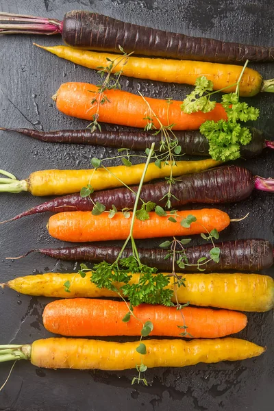 Maturare carote nere, arancioni e gialle con prezzemolo e timo. Da! — Foto Stock