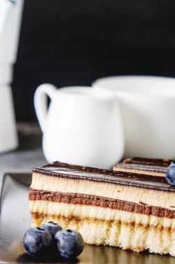 Yaban mersini ve kahve ile lezzetli çikolatalı kek. Karanlık backg