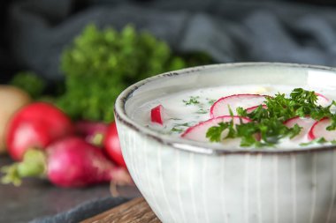 Yaz soğuk çorba - okroshka seramik bir kase. Malzemeler po