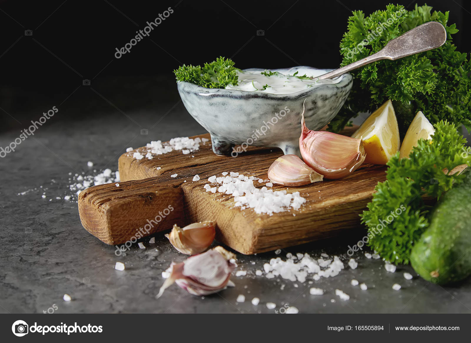 Sauce Tsatsiki with ingredients of cucumbers, garlic, parsley, l