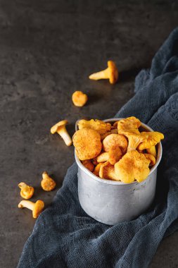 Ham vahşi Cantharellus cibarius mantar yemek pişirmek için redy. koyu arka plan