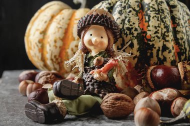 Cadılar Bayramı için dekorasyon. Küçük çoğu kabak kestane ile ve 