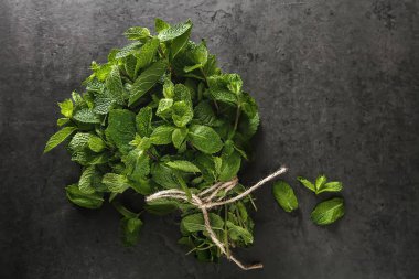 Taze nane yaprakları. İtalyan otlar. Koyu arka plan.
