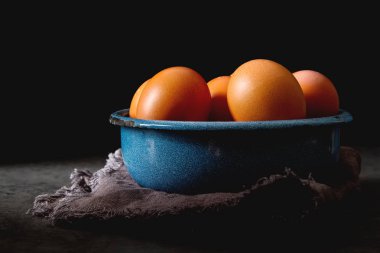 Bir tabak yumurta. Tavuk çiftliği. Koyu arka plan.