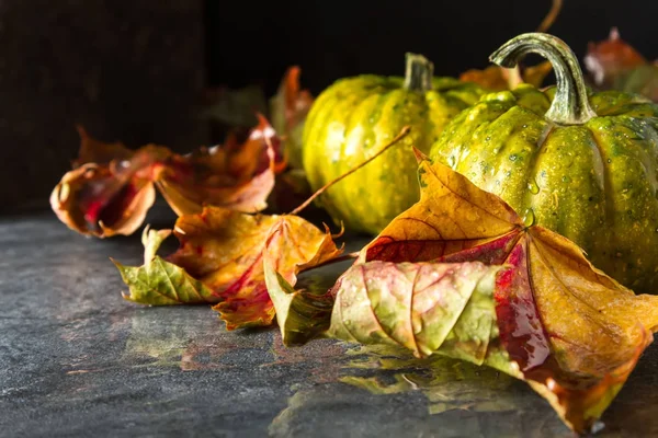 Frischer Kürbis zu Halloween. dunkler Hintergrund. Herbstmahlzeit. — Stockfoto