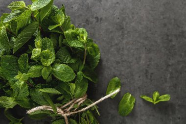 Taze nane yaprakları. İtalyan otlar. Koyu arka plan.
