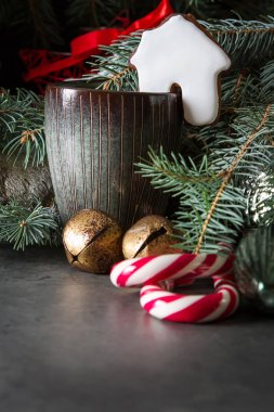 Bir fincan sıcak çikolata ile yeni yıl gingerbreads. Noel tre