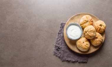 Geleneksel Rus etli börek, (belyashi) ekşi krema ile. Karanlık b