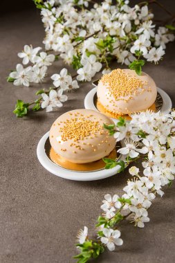 Moda mousse kek sprin ile dekore edilmiş bir ayna sır ile