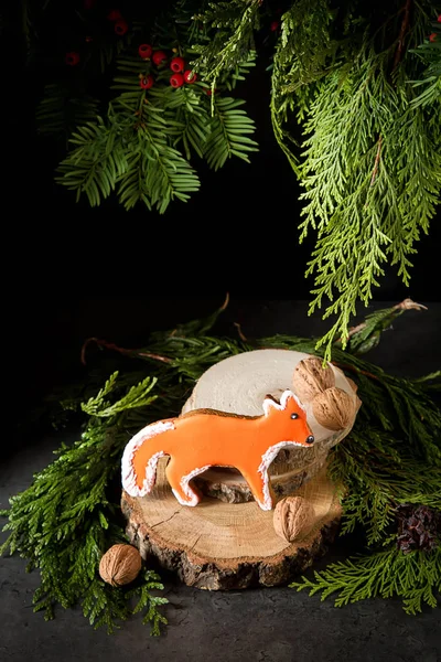 Gingerbread Form Animals Branches Christmas Tree Decoration Dark Background — Stock Photo, Image