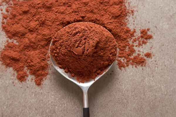 Natural cocoa powder for chocolate and baking. Copy space. Top v