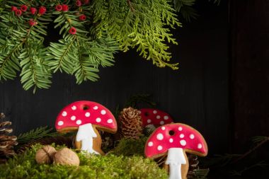 Zencefil bal gingerbread çerezleri Noel Noel ağacının altında. Koyu arka plan