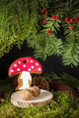 Zencefil bal gingerbread çerezleri Noel Noel ağacının altında. Koyu arka plan