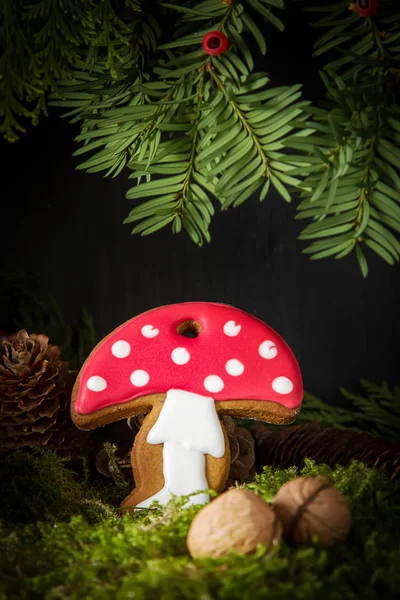 Zencefil bal gingerbread çerezleri Noel Noel ağacının altında. Koyu arka plan