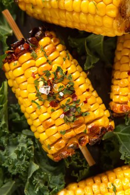 Mısır ızgara tuz ve baharatlar ile. Koyu arka plan. Fast food