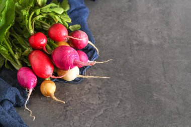 Taze renkli turp aldı. Sebze yetiştirme. Vejetaryen