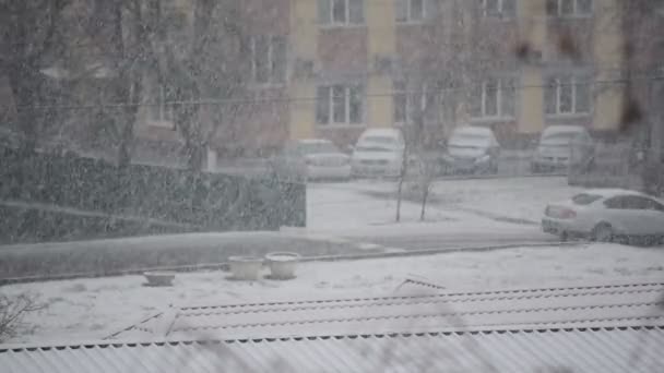 Nieve pesada cayendo en la ciudad — Vídeos de Stock