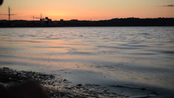 夕暮れの川や湖で石スキップ男 — ストック動画