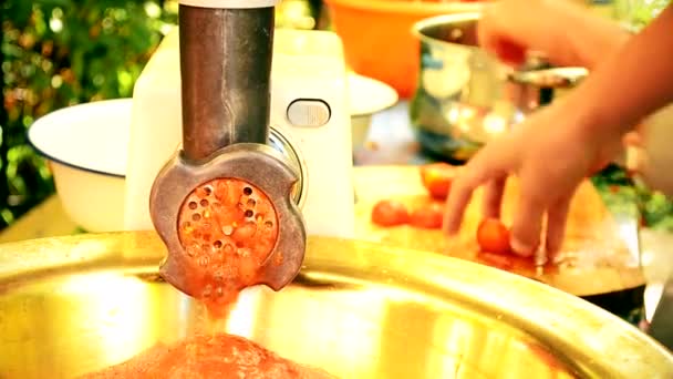 Mãos de duas pessoas cortando e cortando tomates — Vídeo de Stock