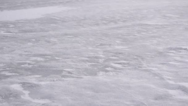 Дрейф снега по льду зимой, дующий сильным ветром — стоковое видео