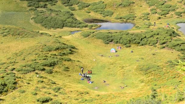 Άνθρωποι στο πράσινο πεδίο κοντά σε μια λίμνη, στα βουνά — Αρχείο Βίντεο