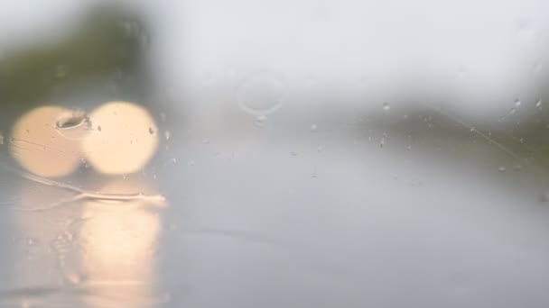 Conduciendo bajo la lluvia. Gotas de agua en el parabrisas — Vídeo de stock