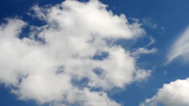 Hermosas nubes de cúmulos blancos se mueven sobre el fondo del cielo azul — Vídeo de stock