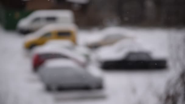 Пороховой снег падает на фоне размытой парковки — стоковое видео