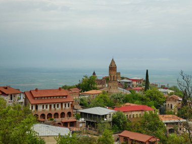 Panoramik eski kasaba Sighnaghi (Signagi) regionn: Kakheti, Georgia. Gürcü şehir bir kayaya. Gürcü sulu bahar Yeşiller gökyüzüne karşı evlerde.