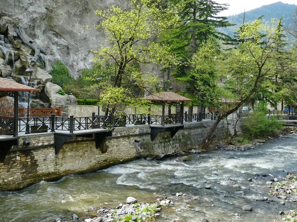 Alcove over a mountain stream among rocks and green trees.  Mountain stream near the rocks