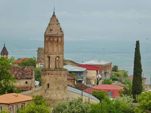 Panoramik eski kasaba Sighnaghi (Signagi) regionn: Kakheti, Georgia. Gürcü şehir bir kayaya. Gürcü sulu bahar Yeşiller gökyüzüne karşı evlerde.