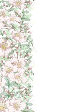 Beyaz arka plan üzerinde hafif pastel renklerde çiçekler çizilmiş vektör dikey botanik afiş