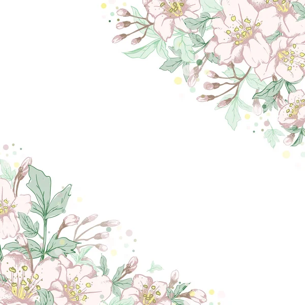 Vector vierkant botanische banner met de hand getekende bloemen in pastel lichte kleuren op witte achtergrond — Stockvector