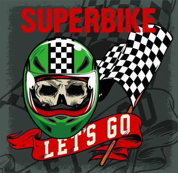 SUPERBIKE SKULL AND VINTAGE RACING FLAG AND RIBBON — Stock Vector