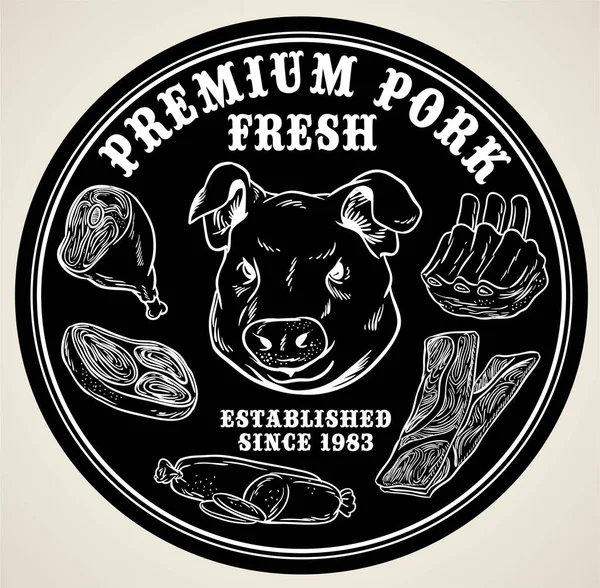 Premium fläskkött färskt kött produktens etikett med svart isolerade bakgrund — Stock vektor