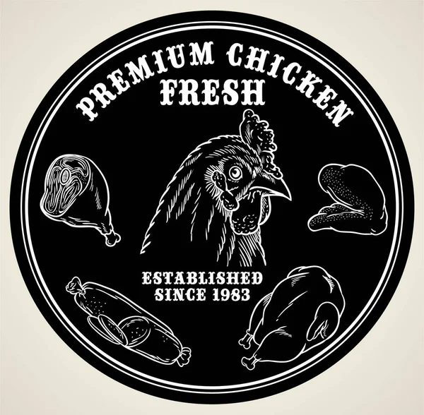 RÓTULO DO PRODUTO DE CARNE OU CHICKEN PREMIUM COM BACKGROUND ISOLADO PRETO — Vetor de Stock