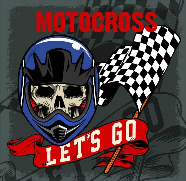 Motorcross schedel en Vintage Racing vlag en lint — Stockvector