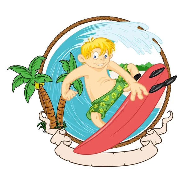 Kid surfing in summer holiday isolated circle — Stock Vector